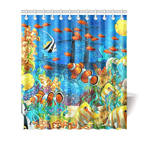 Sea Life Colored Fish Coral Blue Bathroom Shower Curtain Bath Rugs Mat Polyester 